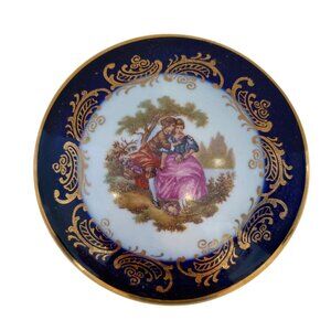 Vintage Limoges Round Porcelain Jewelry Box With Romantic Scene & Gold Detailing
